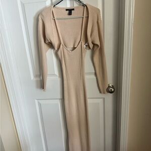 Forever 21 Cream Ribbed Long Sleeve Dress with Cardigan